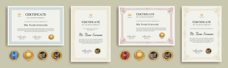 Wall Mural - Diploma certificate border template set with badges for award, business, and education