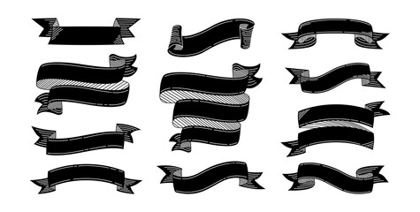 Wall Mural - ribbon doodle set. black engraving hand drawn ribbons, sketch cartoon collection. tape blank for gre