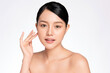 © kitthanes  - close up Beautiful Young asian Woman touching her clean face with fresh Healthy Skin, isolated on white background, Beauty Cosmetics and Facial treatment Concept