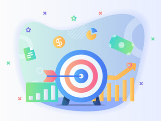 Wall Mural - arrow on target background of money pie chart dollar graphics business goal concept with flat style.