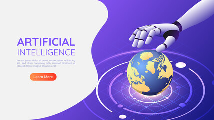 Poster - Isometric web banner Ai robotic hand control the world
