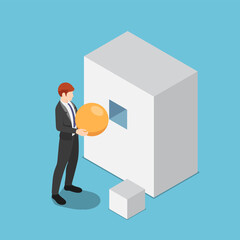 Poster - Isometric businessman trying to put sphere shape into the square hole