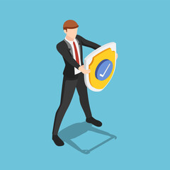 Aufkleber - Isometric businessman is holding a shield with check mark