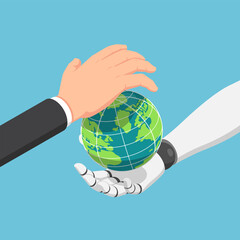 Poster - isometric businessman and ai robot hand protecting the world together