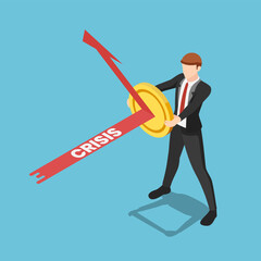 Poster - Isometric businessman use golden coin as a shield to reflex crisis arrow