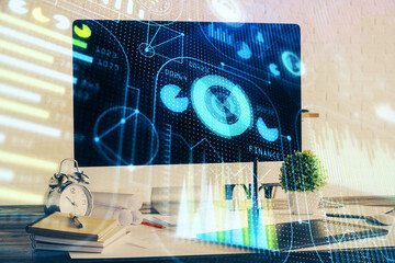 Fototapete - Double exposure of desktop with computer on background and tech theme drawing. Concept of big data.