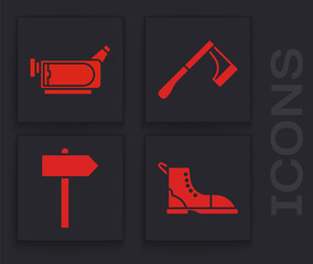 Wall Mural - Set Hiking boot, Cinema camera, Wooden axe and Road traffic signpost icon. Vector.