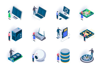 Poster - Computer elements isometric icons set. Digital electronics components and computer parts flat vector illustration. Hardware equipment for system unit 3d isometry pictograms with people characters.