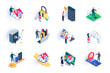 Real estate isometric icons set. Buildings sale, mortgage and rent, architecture engineering and construction flat vector illustration. Real estate agency 3d isometry pictograms with people characters