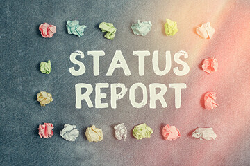 Poster - Handwriting text writing Status Report. Conceptual photo summarizes the particular situation as of a stated period Paper accesories with digital smartphone arranged on different background