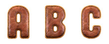 Set Of Leather Letters A, B, C Uppercase. 3D Render Font With Skin Texture Isolated On White Background.