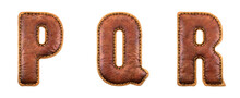 Set Of Leather Letters P, Q, R Uppercase. 3D Render Font With Skin Texture Isolated On White Background.