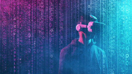 Wall Mural - Portrait of a man in virtual reality helmet over abstract digital background. Obscured dark face in VR goggles. Internet, darknet, gaming and cyber simulation.