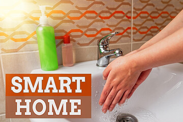 Poster - handwriting text smart home. conceptual photo equipped home can be controlled remotely by phone or c