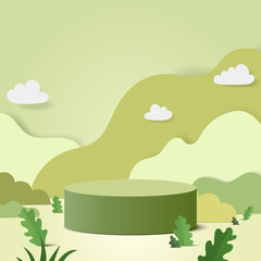 Wall Mural - Abstract minimal scene with geometric forms. cylinder podium in green background with green plant leaves. product presentation, mockup, show product, podium, stage pedestal or platform. 3d vector