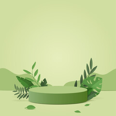 Wall Mural - Abstract minimal scene with geometric forms. cylinder podium in green background with green plant leaves. product presentation, mockup, show product, podium, stage pedestal or platform. 3d vector