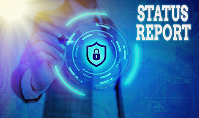 Poster - Conceptual hand writing showing Status Report. Concept meaning summarizes the particular situation as of a stated period Graphics padlock for web data security application system