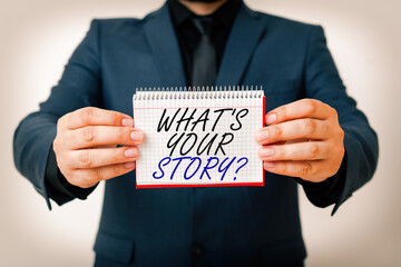 Fototapete - Writing note showing What S Your Story Question. Business concept for Share or tell us your life experiences and success Model displaying different empty color notepad mock-up for writing idea