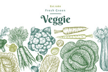 Hand Drawn Sketch Vegetables Design. Organic Fresh Food Vector Banner Template. Retro Vegetable Background. Engraved Style Botanical Illustrations.