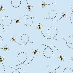 Seamless Pattern with flying bees. Vector Cartoon black and yellow bees isolated on white background. Cartoon doodle cute bees seamless with dotted lines pattern