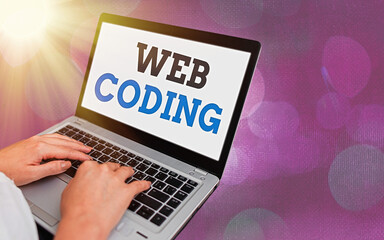 Fototapete - Writing note showing Web Coding. Business concept for a system of symbols and rules used to represent instructions Modern gadgets white screen under colorful bokeh background