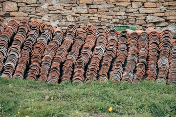 Closeup shot of old red metal tiles - background concept