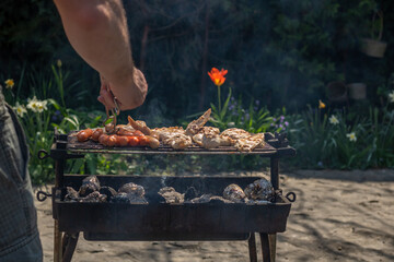 Lovely striped chicken grilling on the barbecue in the backyard of a urban garden, smoke from the charcoal