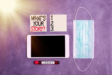 Fototapete - Text sign showing What S Your Story Question. Business photo showcasing Share or tell us your life experiences and success Extracted blood sample vial with medical accessories ready for examination