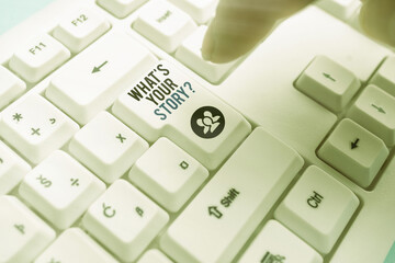 Fototapete - Handwriting text writing What S Your Story Question. Conceptual photo Share or tell us your life experiences and success Pc keyboard key with pointing finger above background copy space