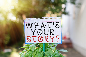 Fototapete - Word writing text What S Your Story Question. Business photo showcasing Share or tell us your life experiences and success Plain empty paper attached to a stick and placed in the green leafy plants
