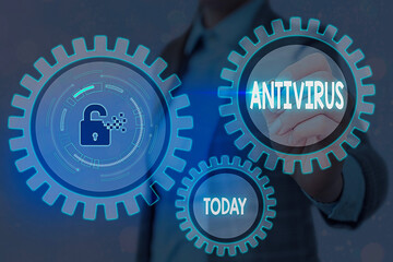 Wall Mural - Writing note showing Antivirus. Business concept for suitable for the detection and removal of computer viruses Graphics padlock for web data information security application system