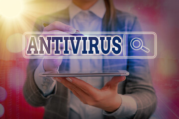 Wall Mural - Writing note showing Antivirus. Business concept for suitable for the detection and removal of computer viruses Web search digital information futuristic technology network connection