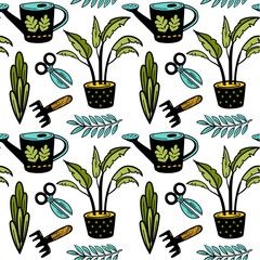 Wall Mural - Seanless vector garden pattern with potted plant, scissors, watering can. Doodle background for fabric, textile