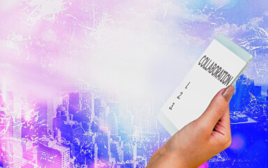 Poster - Conceptual hand writing showing Collaboration. Concept meaning process of two or more showing working together to achieve a goal Modern gadgets white screen under colorful bokeh background