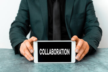 Poster - Word writing text Collaboration. Business photo showcasing process of two or more showing working together to achieve a goal Model displaying black screen modern smartphone mock-up for personal