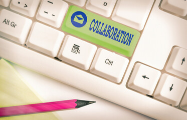 Poster - Text sign showing Collaboration. Business photo showcasing process of two or more showing working together to achieve a goal Different colored keyboard key with accessories arranged on empty copy