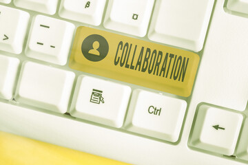Poster - Word writing text Collaboration. Business photo showcasing process of two or more showing working together to achieve a goal Different colored keyboard key with accessories arranged on empty copy