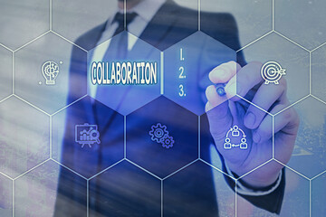 Poster - Conceptual hand writing showing Collaboration. Concept meaning process of two or more showing working together to achieve a goal Grids and different icons latest digital technology concept