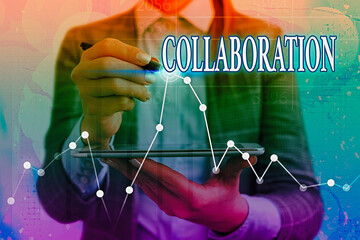 Poster - Writing note showing Collaboration. Business concept for process of two or more showing working together to achieve a goal Arrow symbol going upward showing significant achievement