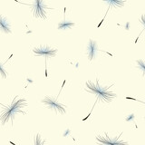 Fototapeta Dmuchawce - Dandelion flying seeds on a seamless pattern. Background for packaging, design and decoration.