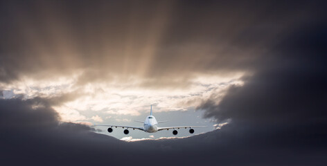 Wall Mural - Commerical airplane flying under the storm clouds