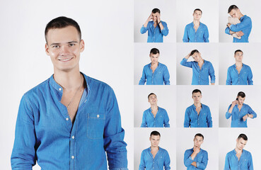 Set of young man's portraits with different emotions and gestures isolated