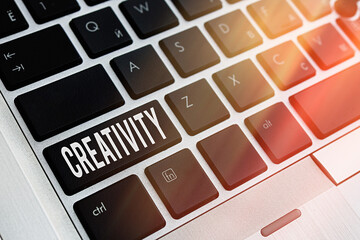 Poster - Word writing text Creativity. Business photo showcasing the imagination of original ideas in particular in the creation of art Pc keyboard key with empty note paper above background copy space