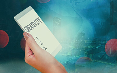 Poster - Handwriting text Creativity. Conceptual photo the imagination of original ideas in particular in the creation of art Modern gadgets with white display screen under colorful bokeh background