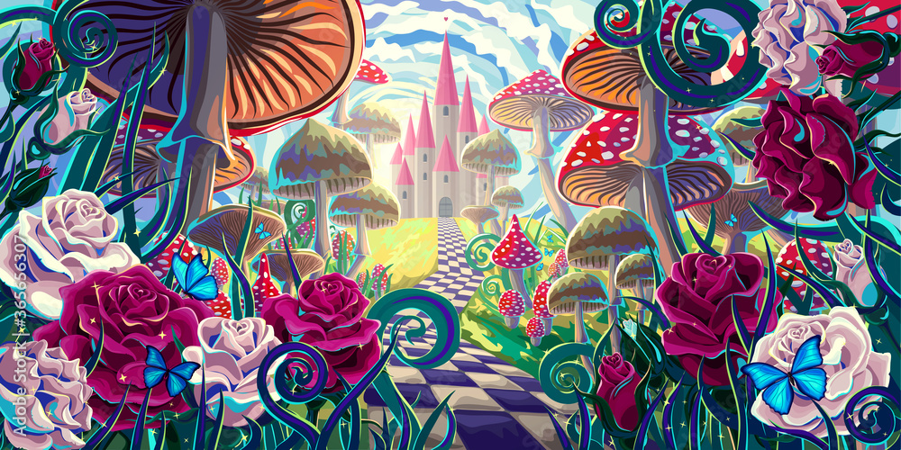 fantastic landscape with mushrooms, beautiful old castle, red and white roses and butterflies.
illustration to the fairy tale "Alice in Wonderland" - obrazy, fototapety, plakaty 