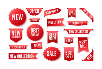 Wall Mural - Set of red ribbons, badges and banners with the inscription best choice, new offer. Illustration of sale and prices.