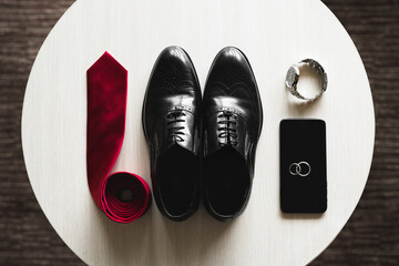 Sticker - Groom is gathering in the morning.Men's  classic  shoes, belt,toilette, perfume, leather strap watch, wedding rings.