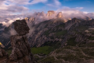 Poster - Panoramic view of the Drei Zinnen Nature Park Toblach in Italy  with a clear blue sky