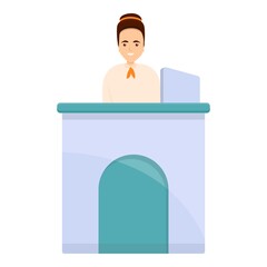Poster - Desktop bank teller icon. Cartoon of desktop bank teller vector icon for web design isolated on white background