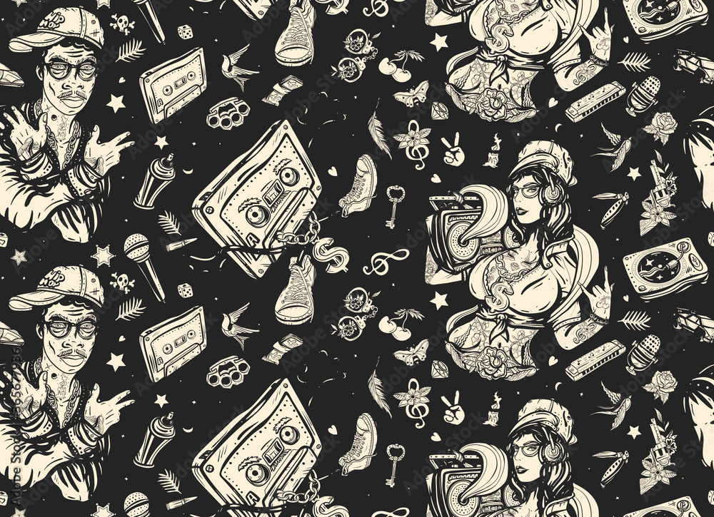Pattern For Gift Rapper Hip hop music seamless pattern. Rap girl, swag woman. Audio cassette ...